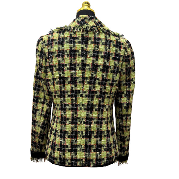 HIROKO KOSHINO Japanese Tweed Plaid Jacket Frayed Trim Velvet Collar Wool Blend - Picture 3 of 7